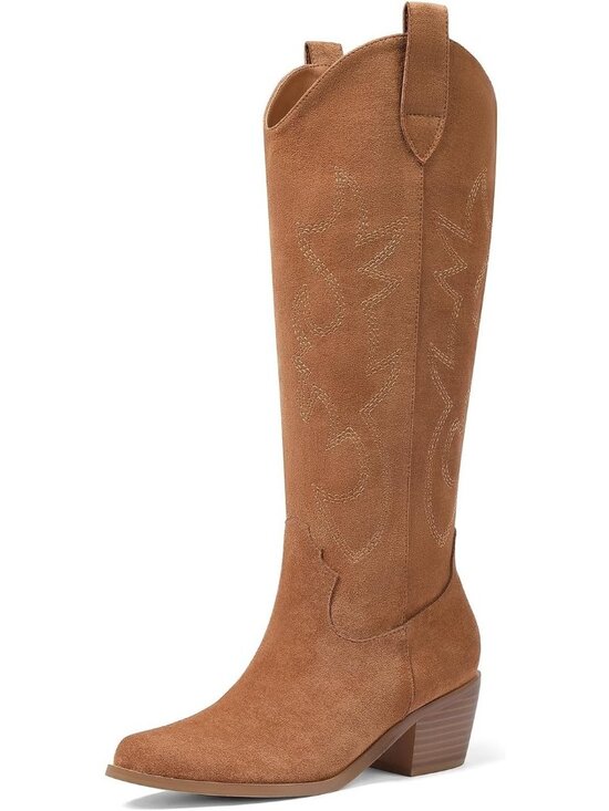 Shoes - Women's Knee High Wide Calf Brown2 Cowgirl Boots Pull-On Pointed Toe Chunky Heel